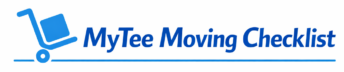 MyTee Moving Checklist logo featuring a light blue dolly icon and dark blue text with underline on a white background.