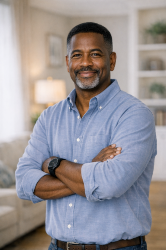 Confident man representing MyTee Movers leadership and professionalism in Kenosha home setting